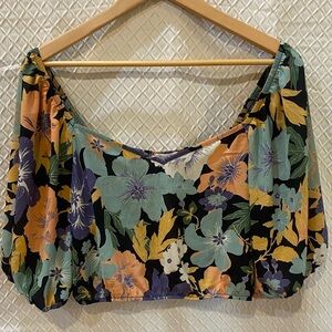 Sienna Sky Floral Off-Shoulder Crop Top. Black/Orange/Blue. Large. NWT.